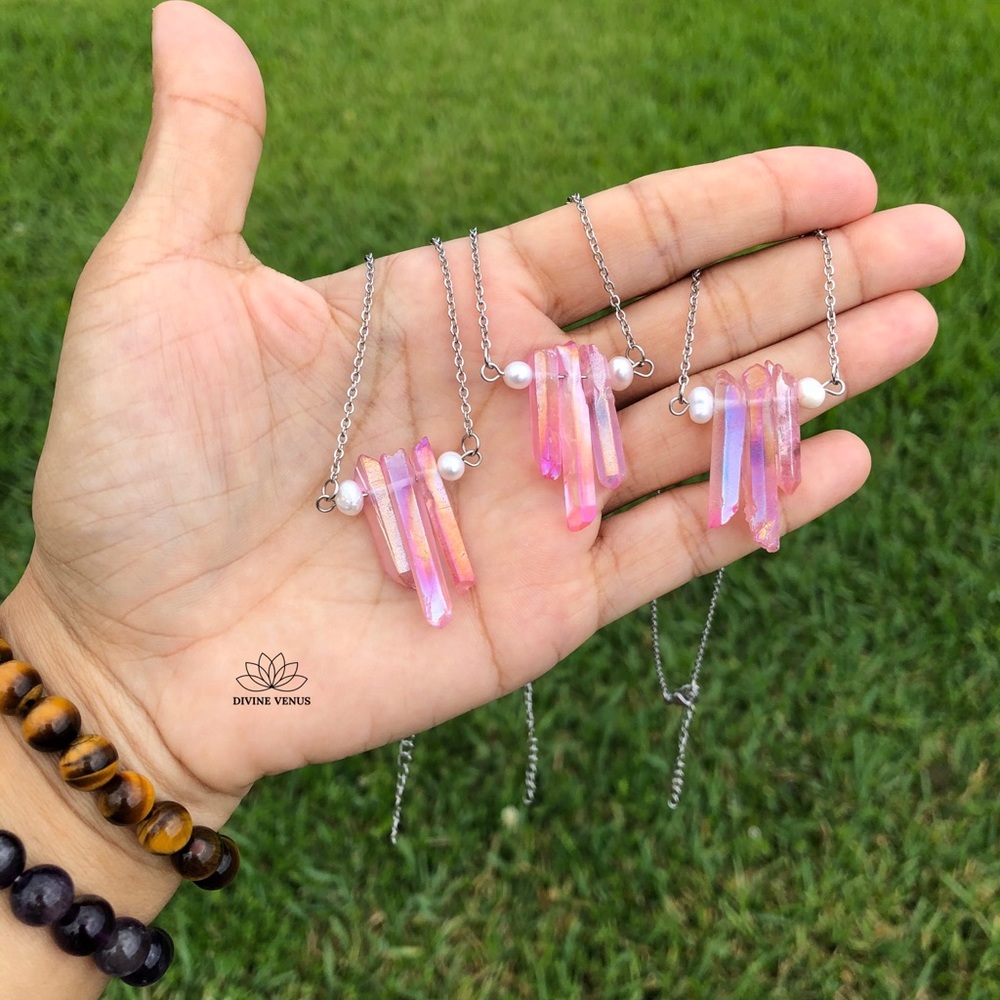 Angel Aura Pink Quartz x Pearls Necklace | Stainless Steel Chain - Picture 7 of 15